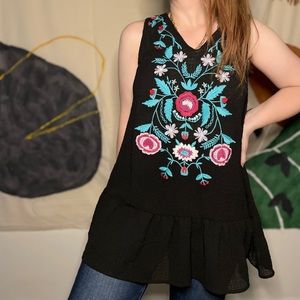 Entro Black Embroidered Sleeveless Peplum Top